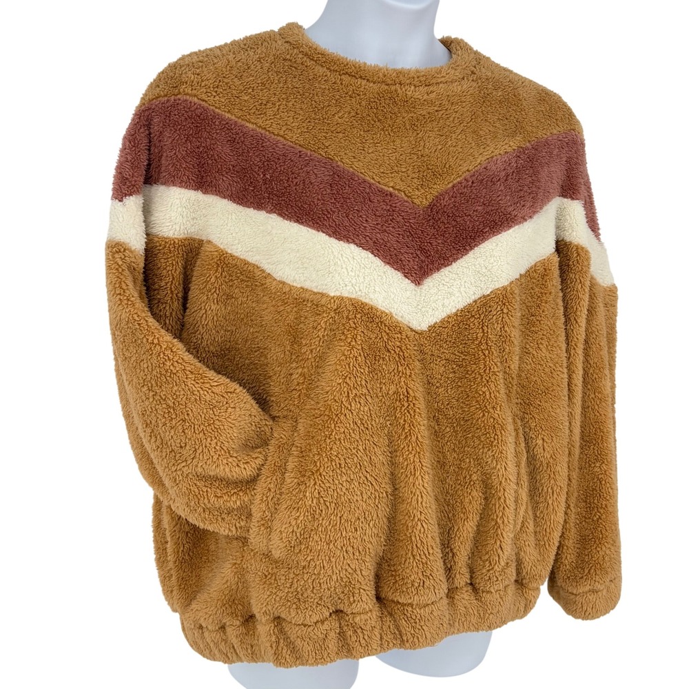 Easel Pullover Fuzzy Chevron Colorblock Retro Brown M Cozy Warm Oversized Boxy